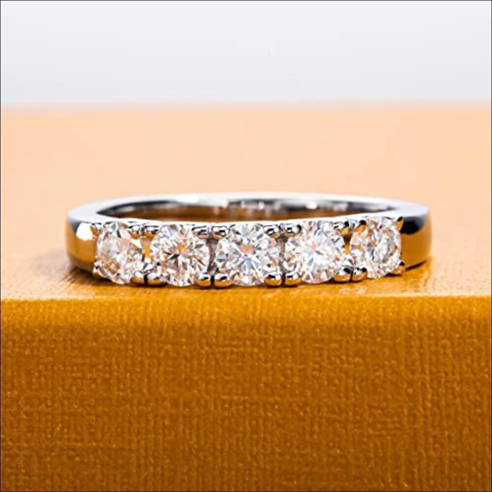 14k White Gold 1 cttw Moissanite 5 Stone Ring S925 Wedding Band Brilliant Cut